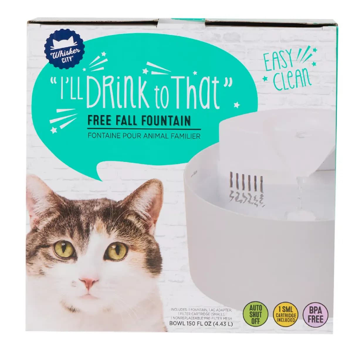 Whisker City® Free Fall Cat Fountain, Includes Replaceable Filter Cartridge, White, 50 FL OZ, 150 FL [Includes 1 Fountain, 1 AC Adapter, 1 Filter Cartr, Intended Pet(s) Cats, Color