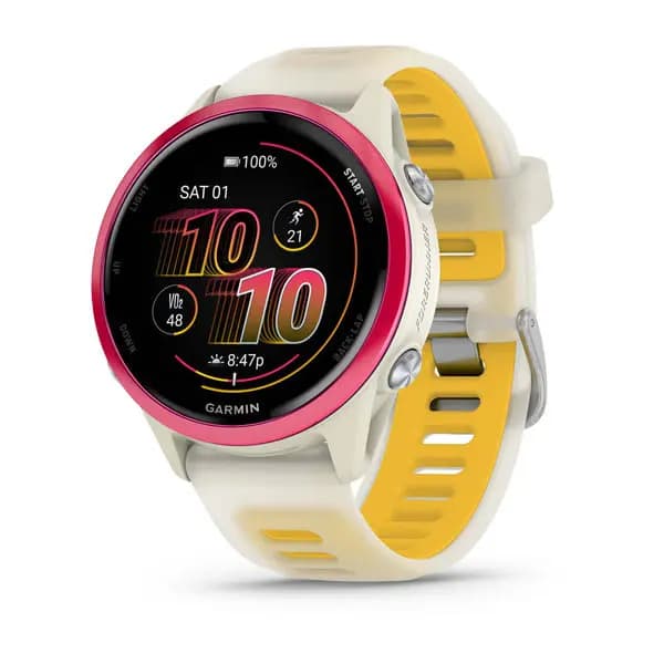 Garmin Forerunner 570 42mm Raspberry Aluminum with Translucent Bone/Mango Band [AMOLED (optional always-on mode), 5 ATM, 1.2" (30.4 mm) diameter]