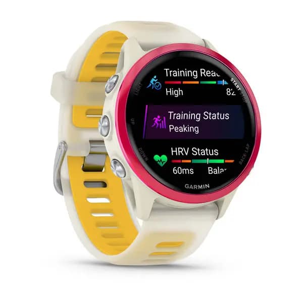 Garmin Forerunner 570 42mm Raspberry Aluminum with Translucent Bone/Mango Band [AMOLED (optional always-on mode), 5 ATM, 1.2" (30.4 mm) diameter]