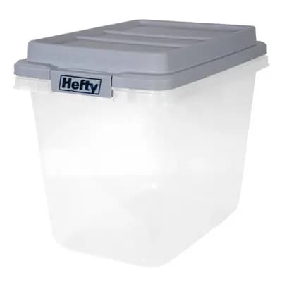 Hefty 32qt Slim Clear Plastic Storage Bin with Gray HI-RISE Stackable Lid: Locking Handles, Universal Utility Totes [32 Quart, Spot or Wipe Clean, Universal Storage]