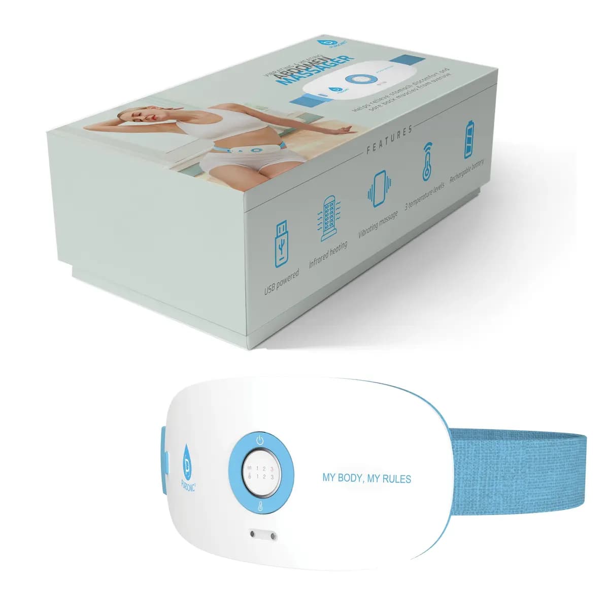 Pursonic Stomach & Back Massager [three adjustable vibration levels, three distinct heating settings, USB Rechargeable]