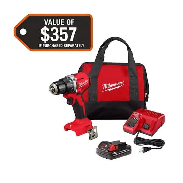 Milwaukee M18 18V Lithium-Ion Brushless Cordless 1/2 in. Compact Drill/Driver with One 2.0 Ah Battery, Charger and Tool Bag, 3601-21P [Battery Amp Hours: 2 Ah, Battery Power Type: 