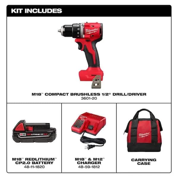 Milwaukee M18 18V Lithium-Ion Brushless Cordless 1/2 in. Compact Drill/Driver with One 2.0 Ah Battery, Charger and Tool Bag, 3601-21P [Battery Amp Hours: 2 Ah, Battery Power Type: 