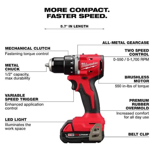 Milwaukee M18 18V Lithium-Ion Brushless Cordless 1/2 in. Compact Drill/Driver with One 2.0 Ah Battery, Charger and Tool Bag, 3601-21P [Battery Amp Hours: 2 Ah, Battery Power Type: 