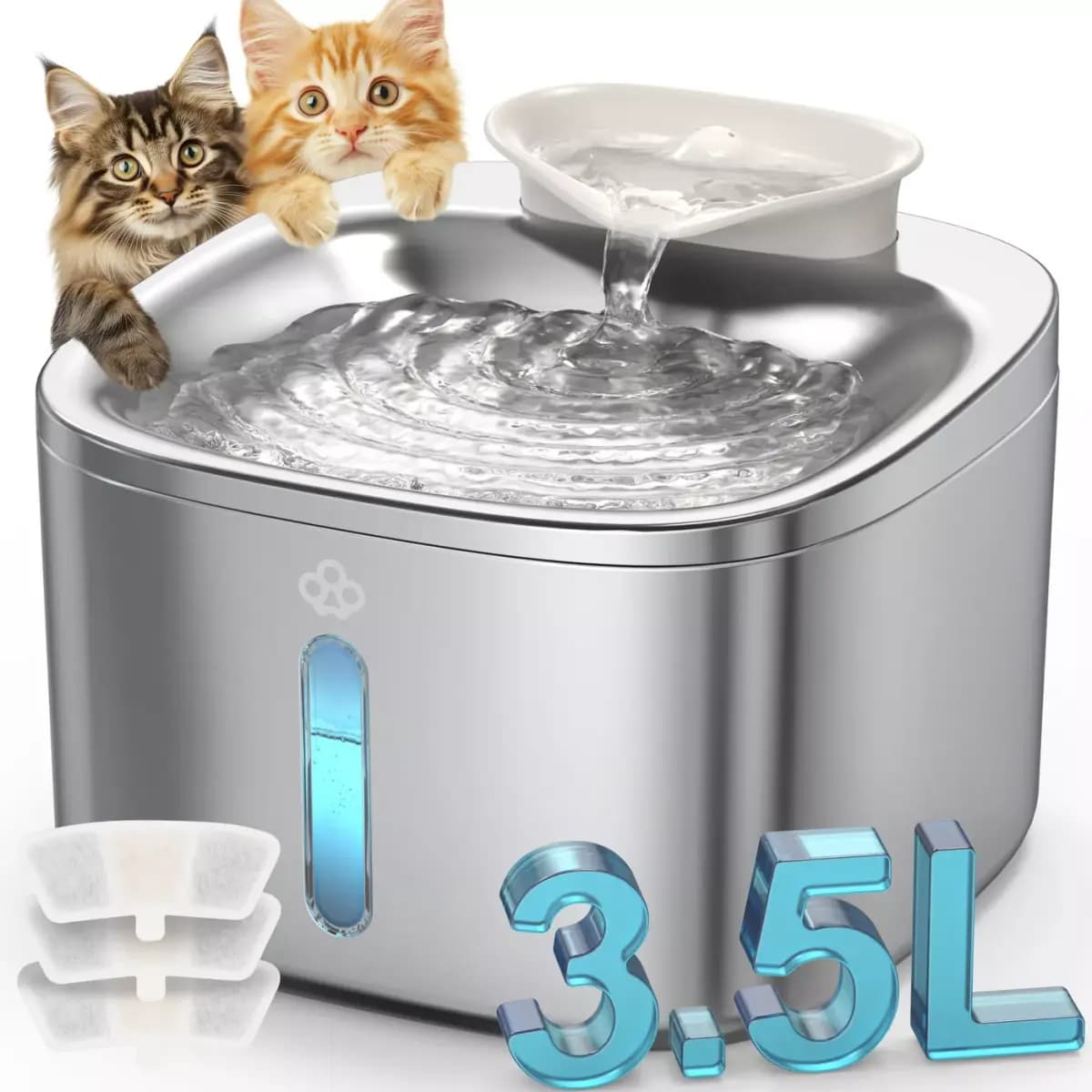 Oneisall 3.5 Liter Corded Stainless Steel Cat Water Fountain, Food Grade W/ 3-Layer Filtration [Intended for Dog, Cat, Dimensions 7.87 in x 7.87 in x 6.02 in, Total Weight 1.8 lbs,