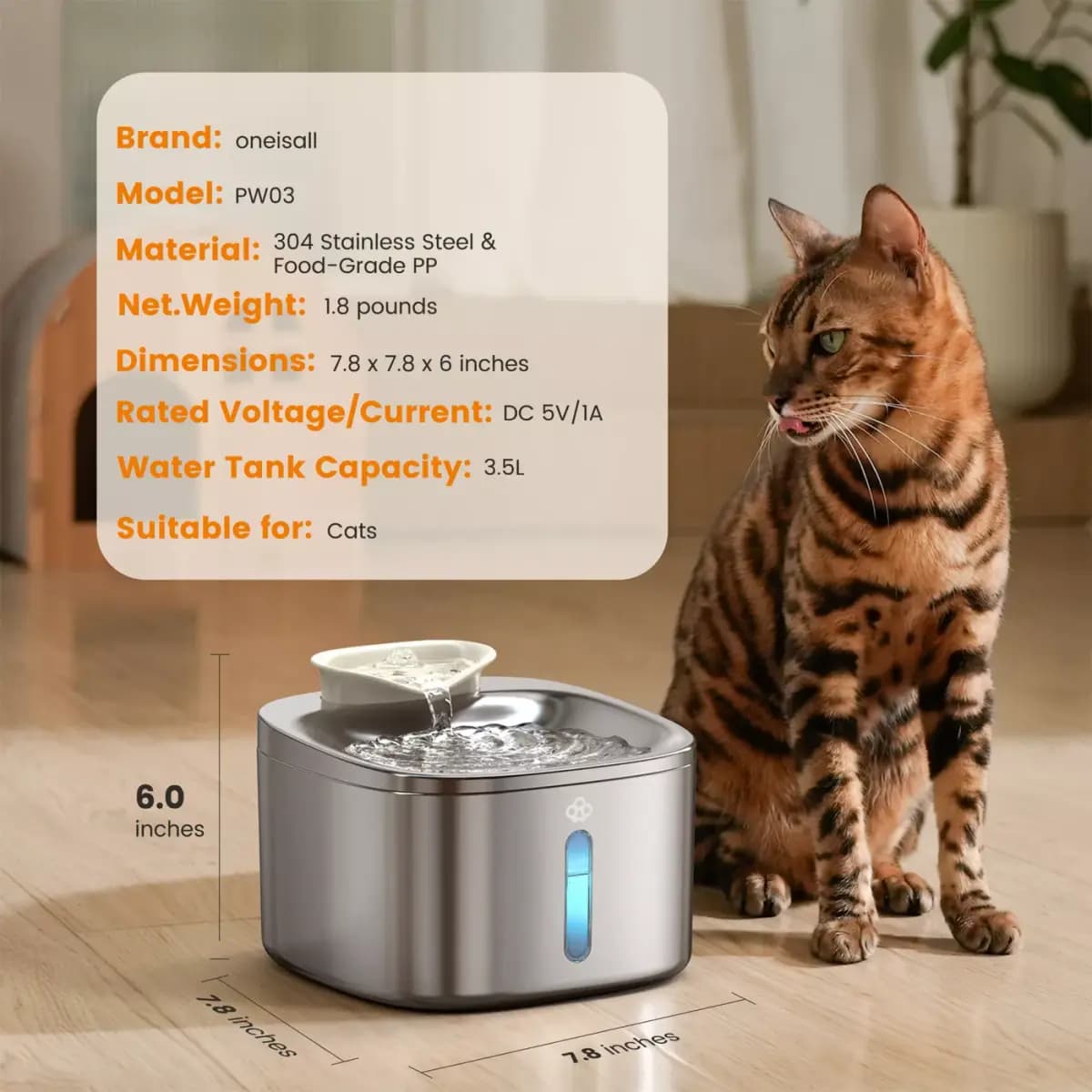 Oneisall 3.5 Liter Corded Stainless Steel Cat Water Fountain, Food Grade W/ 3-Layer Filtration [Intended for Dog, Cat, Dimensions 7.87 in x 7.87 in x 6.02 in, Total Weight 1.8 lbs,
