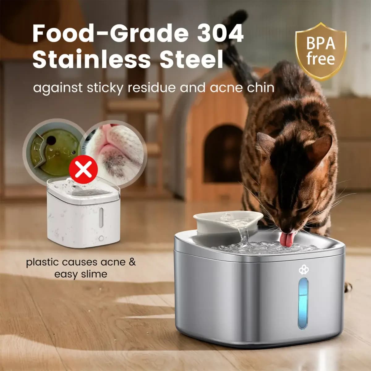 Oneisall 3.5 Liter Corded Stainless Steel Cat Water Fountain, Food Grade W/ 3-Layer Filtration [Intended for Dog, Cat, Dimensions 7.87 in x 7.87 in x 6.02 in, Total Weight 1.8 lbs,