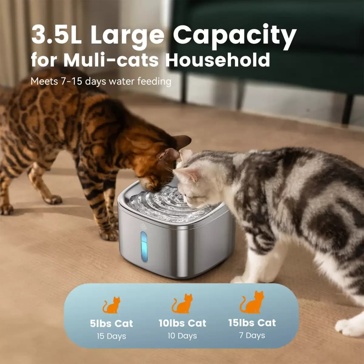 Oneisall 3.5 Liter Corded Stainless Steel Cat Water Fountain, Food Grade W/ 3-Layer Filtration [Intended for Dog, Cat, Dimensions 7.87 in x 7.87 in x 6.02 in, Total Weight 1.8 lbs,