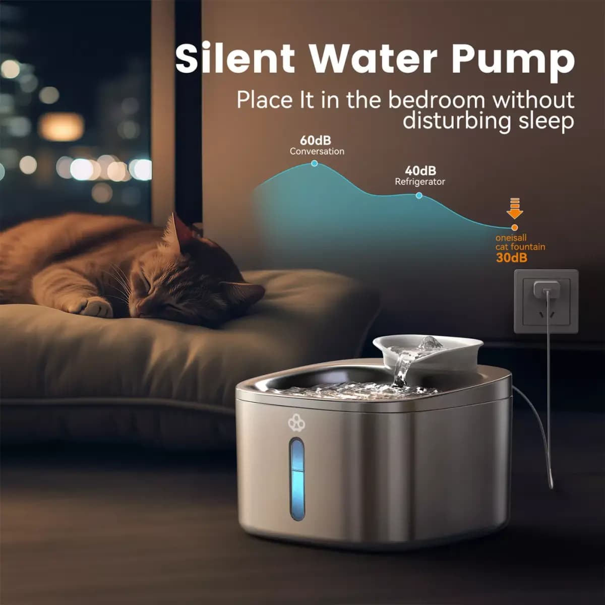 Oneisall 3.5 Liter Corded Stainless Steel Cat Water Fountain, Food Grade W/ 3-Layer Filtration [Intended for Dog, Cat, Dimensions 7.87 in x 7.87 in x 6.02 in, Total Weight 1.8 lbs,