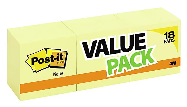 Post-it® Notes, 3 x 3 in, 18 Sticky Note Pads, 100 Sheets/Pad, School Supplies and Office Products, Sticky Notes for Vertical Surfaces and Monitors [quantity 18, color Canary Yello