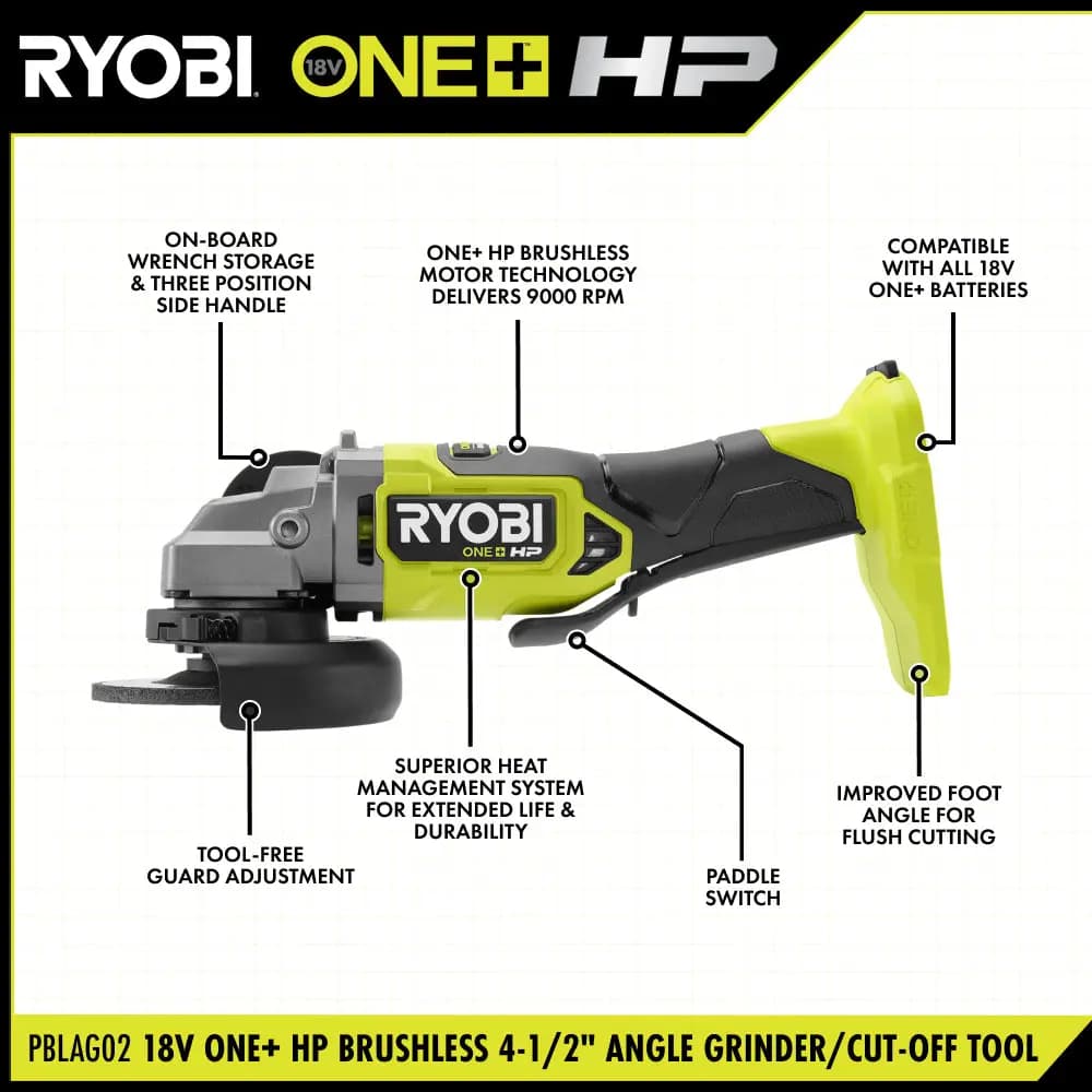 RYOBI 18V ONE+ HP Brushless 4-1/2" Angle Grinder/Cut-Off Tool Kit [RPM 9,000, Weight 3.83 lbs., Wheel Size 4-1/2"]