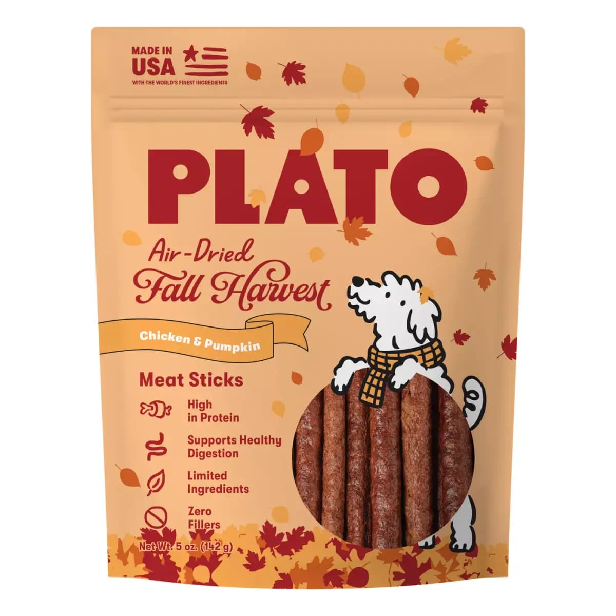 Plato Pet Treats Plato Air-Dried Fall Harvest Meat Sticks, Dog Treats - Chicken & Pumpkin Flavor 5 OZ [Features & Benefits Made with high–quality USA chicken and t, Species Dog, Br