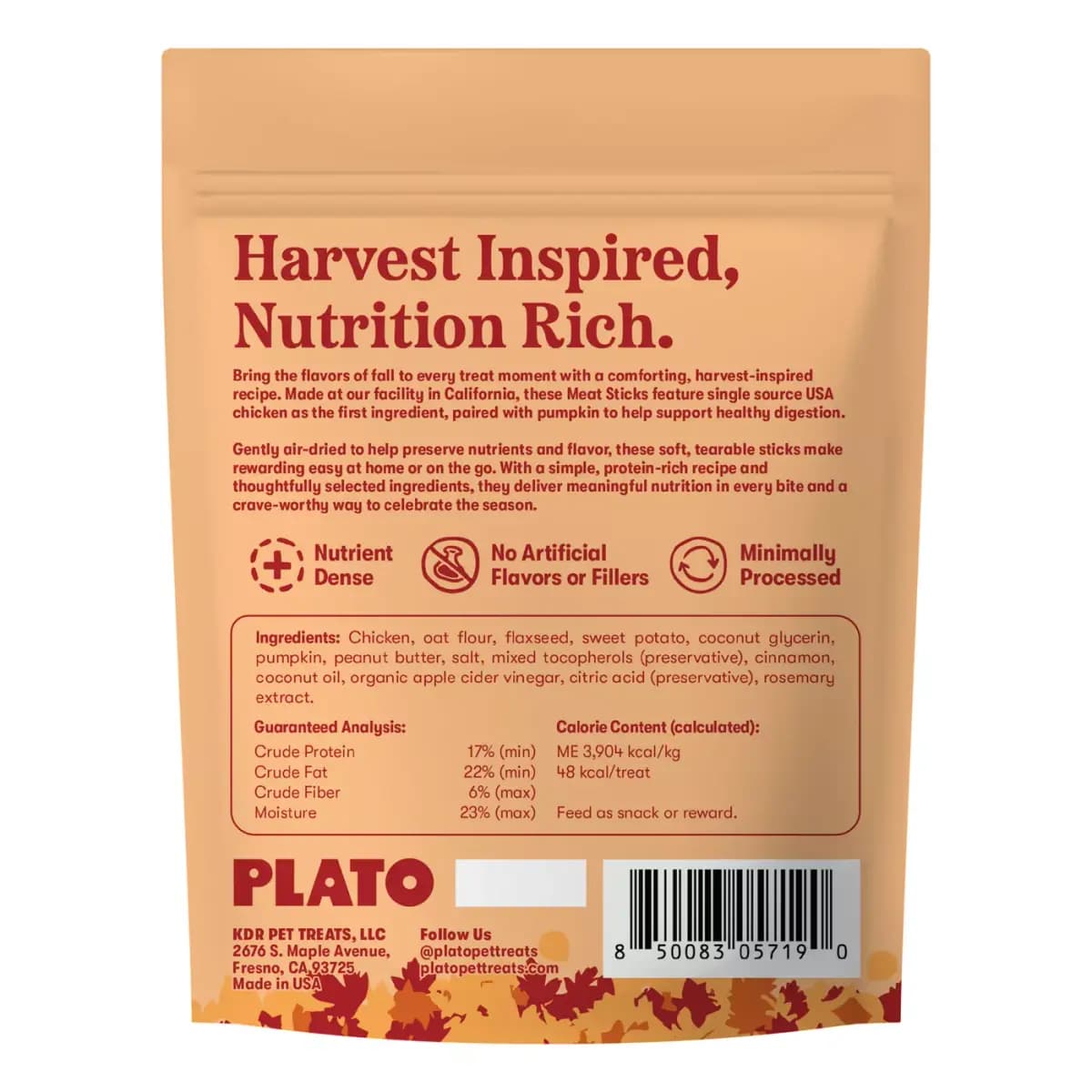 Plato Pet Treats Plato Air-Dried Fall Harvest Meat Sticks, Dog Treats - Chicken & Pumpkin Flavor 5 OZ [Features & Benefits Made with high–quality USA chicken and t, Species Dog, Br