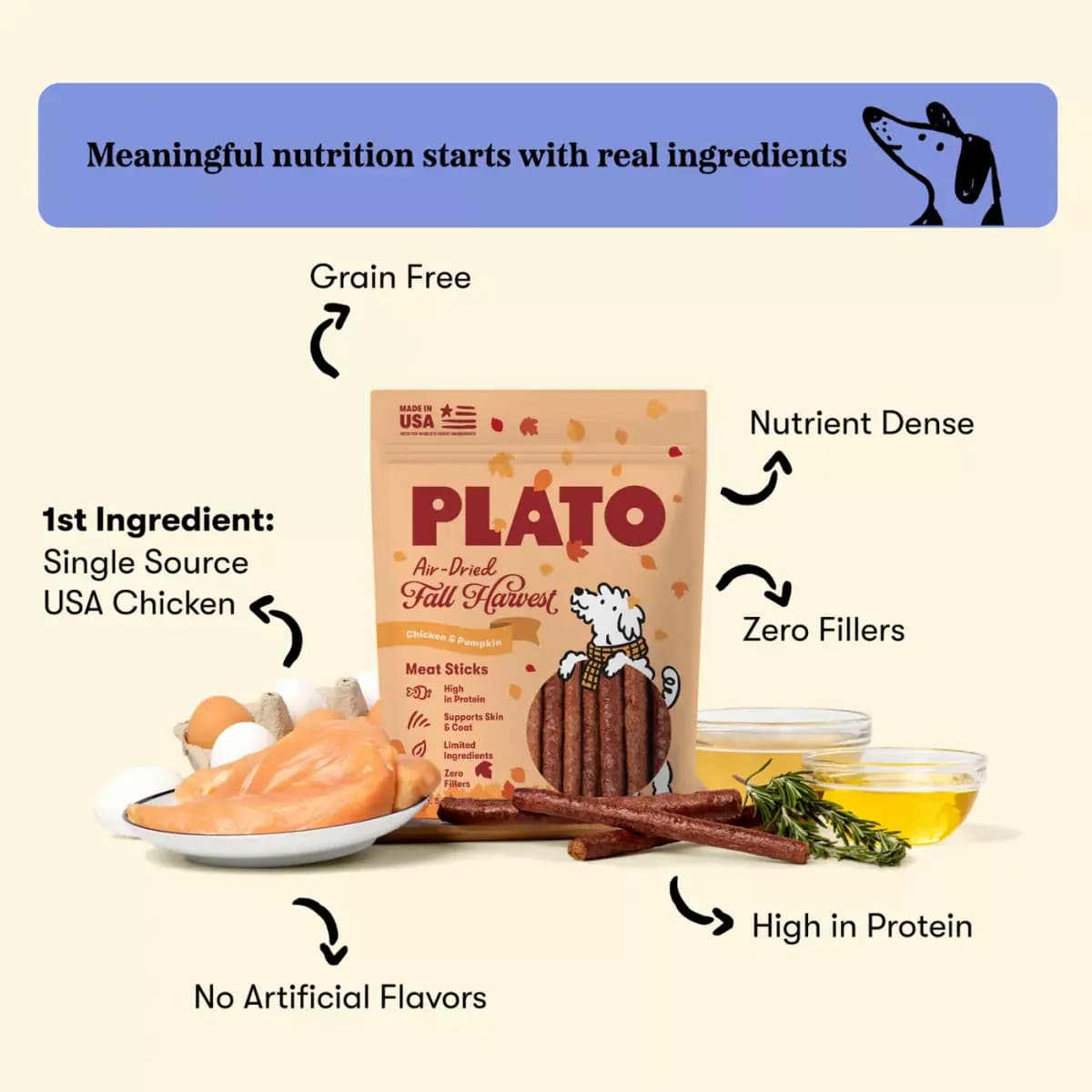 Plato Pet Treats Plato Air-Dried Fall Harvest Meat Sticks, Dog Treats - Chicken & Pumpkin Flavor 5 OZ [Features & Benefits Made with high–quality USA chicken and t, Species Dog, Br