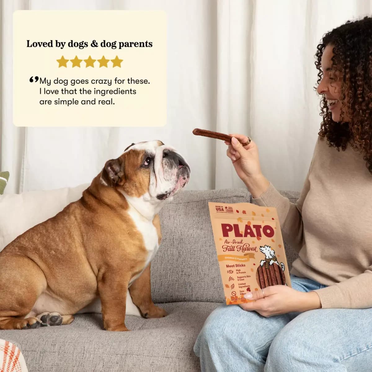 Plato Pet Treats Plato Air-Dried Fall Harvest Meat Sticks, Dog Treats - Chicken & Pumpkin Flavor 5 OZ [Features & Benefits Made with high–quality USA chicken and t, Species Dog, Br