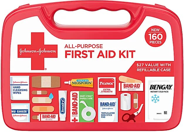 Johnson & Johnson All-Purpose Portable Compact Emergency First Aid Kit, 160 pieces [160 pieces, Red, 7 in. X 9-4/5 in. X 3-3/10 in.]