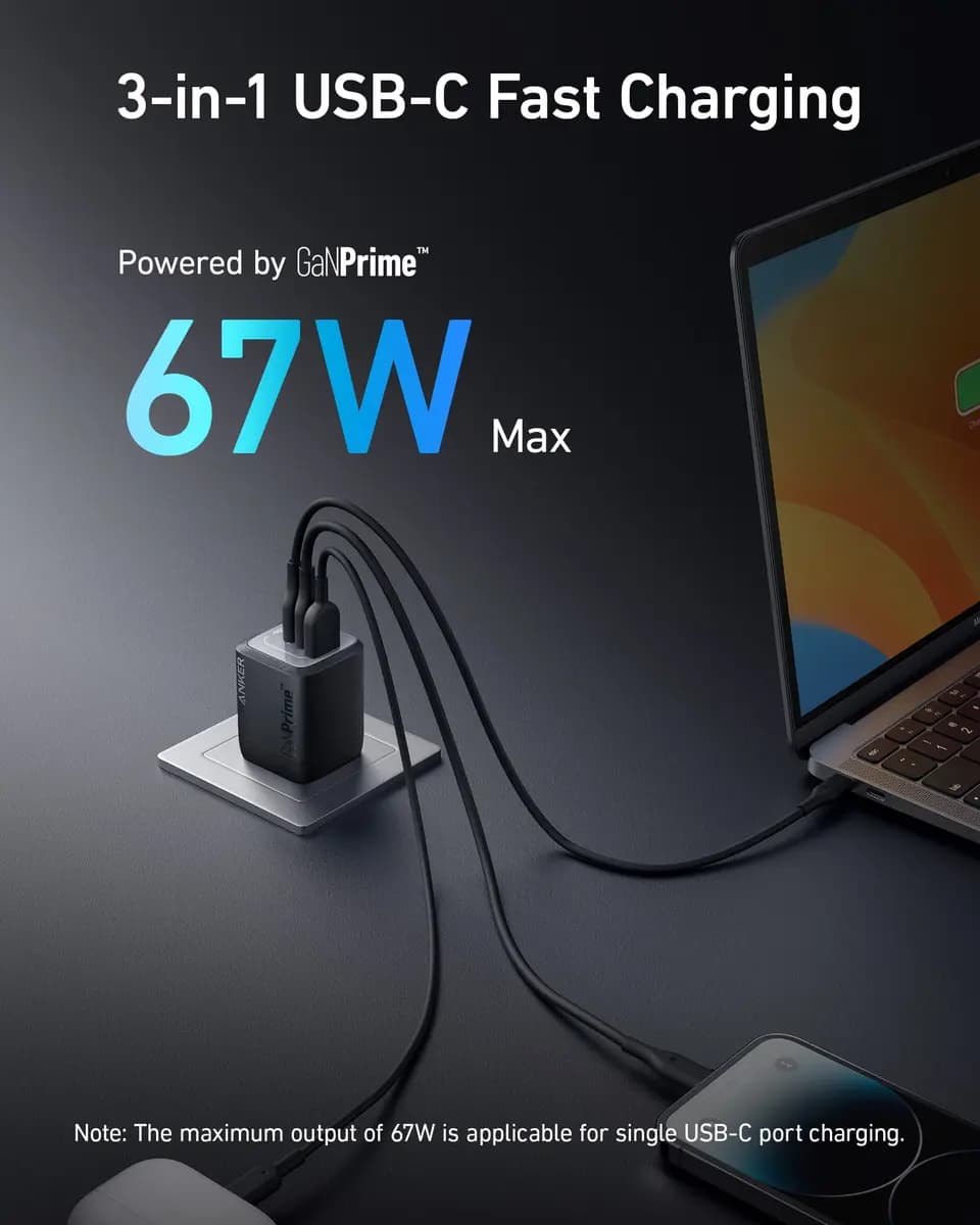 Anker Prime 67W GaN Wall Charger (3 Ports) [67W, 100V-240V~50/60Hz 1.8A, USB-C 1 + USB-C 2: 65W Max]