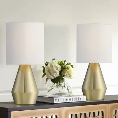 360 Lighting Marty Modern Accent Table Lamps 14 3/4" High Set of 2 Brass Metal White Cylinder Shade for Bedroom Bedside Nightstand Office Kids House [60 Watts, 6 feet, 7.5 inches (
