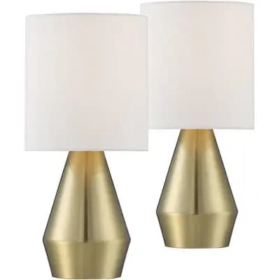 360 Lighting Marty Modern Accent Table Lamps 14 3/4" High Set of 2 Brass Metal White Cylinder Shade for Bedroom Bedside Nightstand Office Kids House [60 Watts, 6 feet, 7.5 inches (