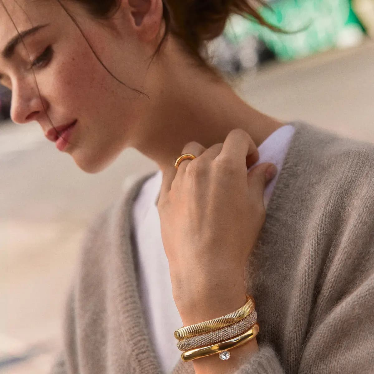 BaubleBar Nicolette Hinge Bangle Bracelet Set [Designed to create an effortlessly layered look, 1 in glossy gold, 1 in bright pavé, and 1, Beautifully crafted with etched detailing