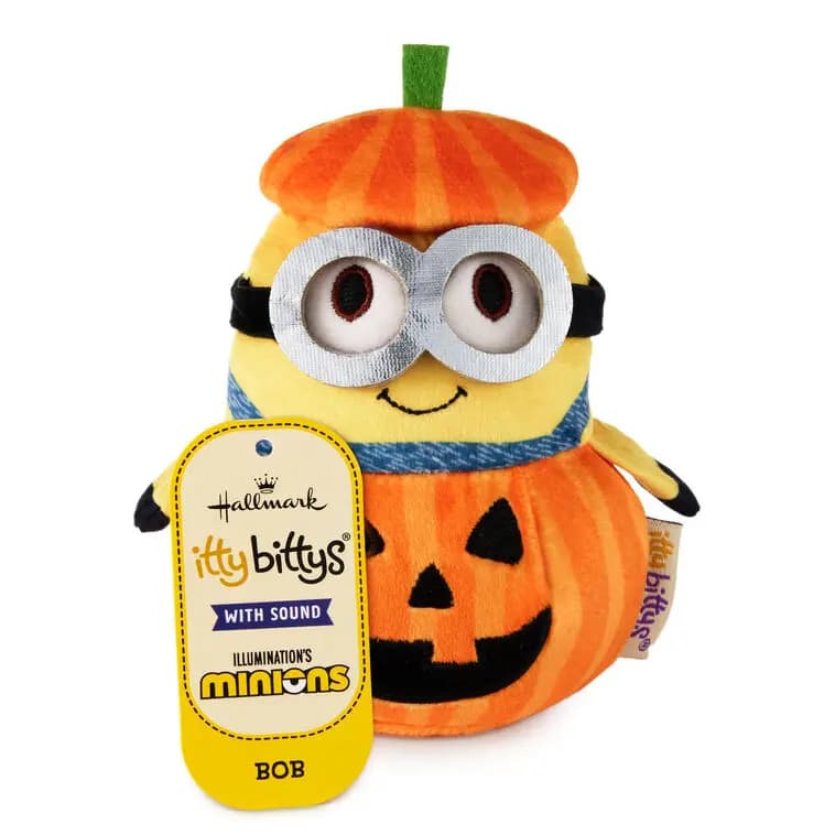 itty bittys Minions Bob in Jack-o'-Lantern Plush With Sound [3'' W x 4'' H x 3'' D, Plush fabric and plastic., Bob the Minion says 1 of 5 Halloween, Nonreplaceable batteries includ