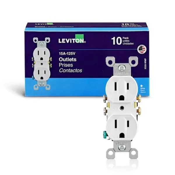 Leviton 15 Amp 125 V Duplex Outlet/Receptacle, White (10-Pack) 5320-WMP, M24-05320-WMP [Amperage (A): 15 A, Color Family: White, Color/Finish: White]