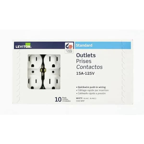 Leviton 15 Amp 125 V Duplex Outlet/Receptacle, White (10-Pack) 5320-WMP, M24-05320-WMP [Amperage (A): 15 A, Color Family: White, Color/Finish: White]