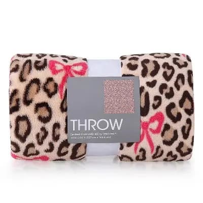 Kelly Leopard with Bows Throw Blanket Pink [100% Recycled Polyester, Lightweight Fabric, M2AMMDX36]