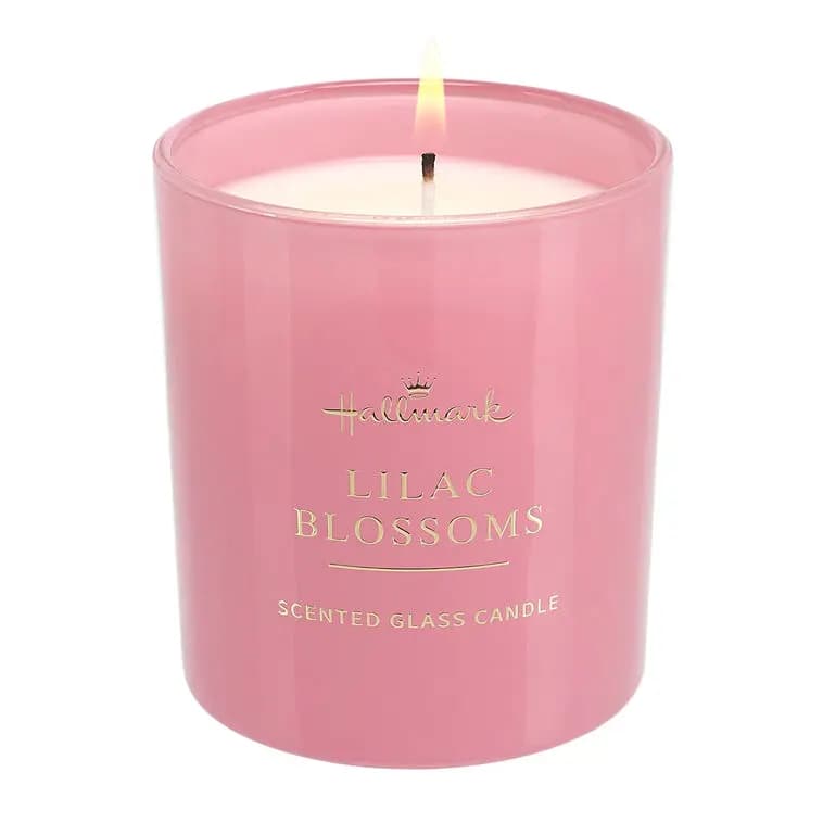 Lilac Blossoms Scented Pink Glass Candle, 8 oz. [3.34" W x 3.54" H x 3.34" D, Glass, wax., 1, 8 oz.]
