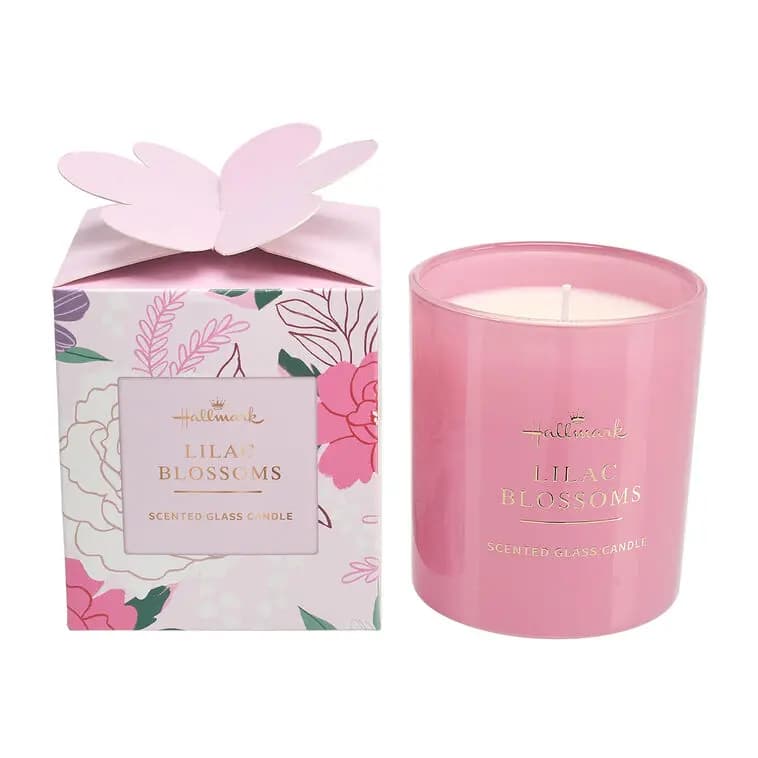 Lilac Blossoms Scented Pink Glass Candle, 8 oz. [3.34" W x 3.54" H x 3.34" D, Glass, wax., 1, 8 oz.]