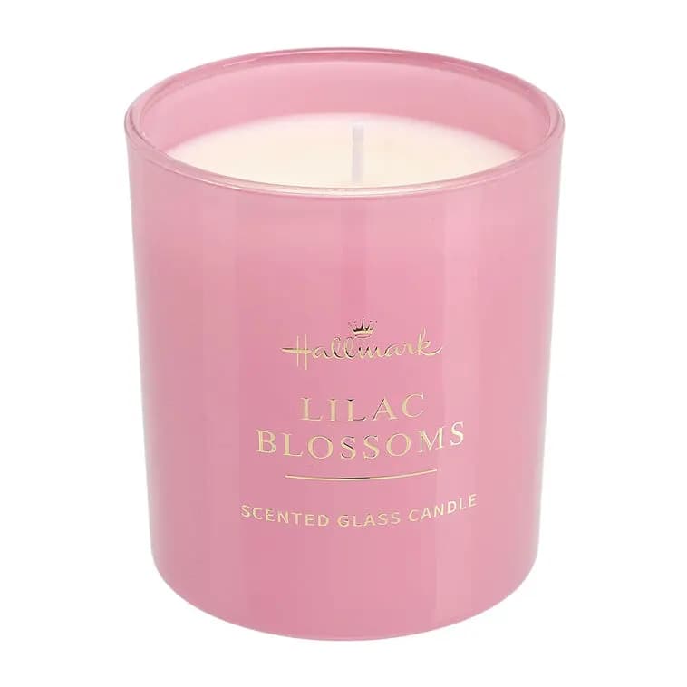 Lilac Blossoms Scented Pink Glass Candle, 8 oz. [3.34" W x 3.54" H x 3.34" D, Glass, wax., 1, 8 oz.]