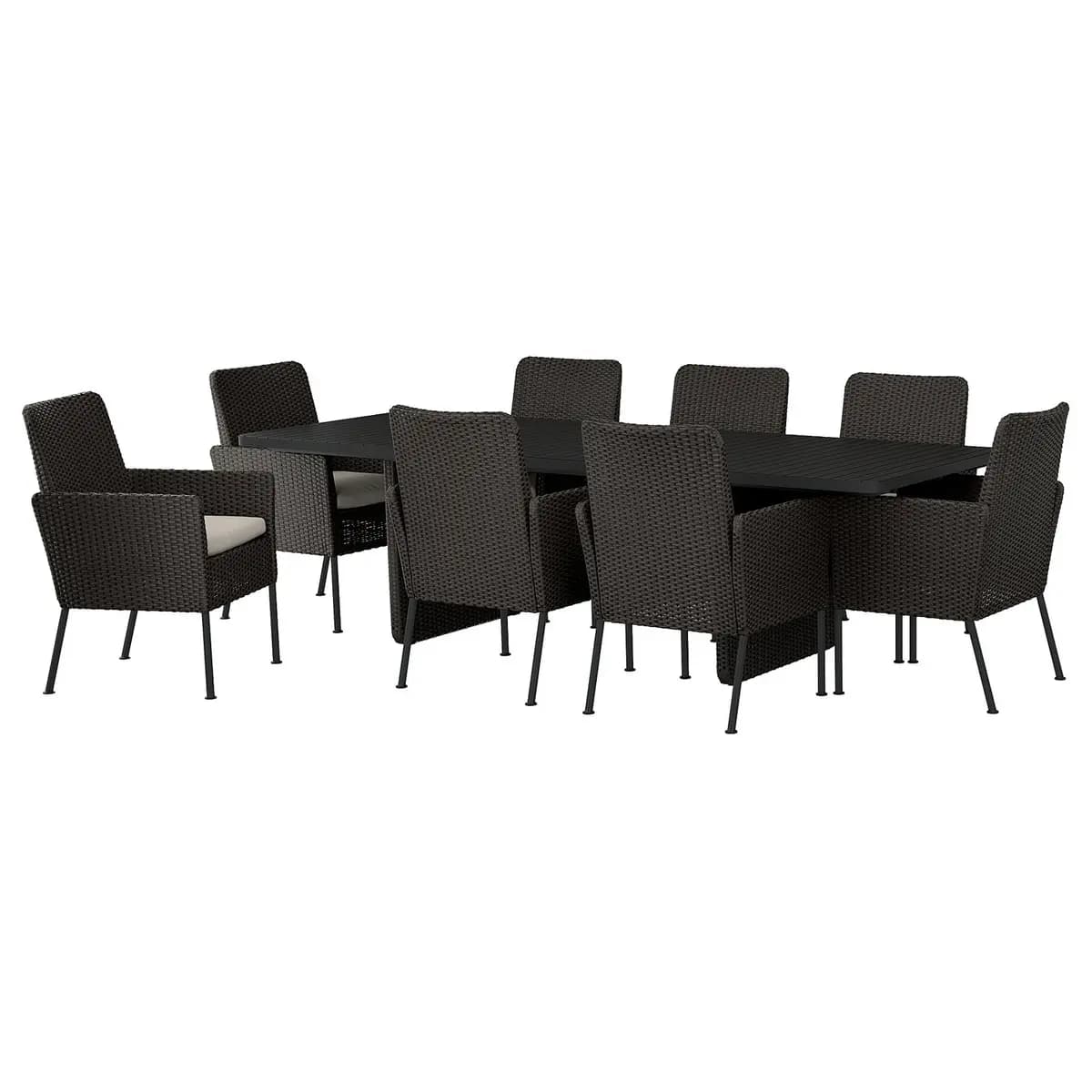 IKEA VITTSKÄR Table and 8 chairs, outdoor plastic rattan dark gray/Frösön/Duvholmen beige 103 7/8x37 3/4 " [Table length 103 7/8 ", Table width 37 3/4 ", Table height 29 1/8 "]