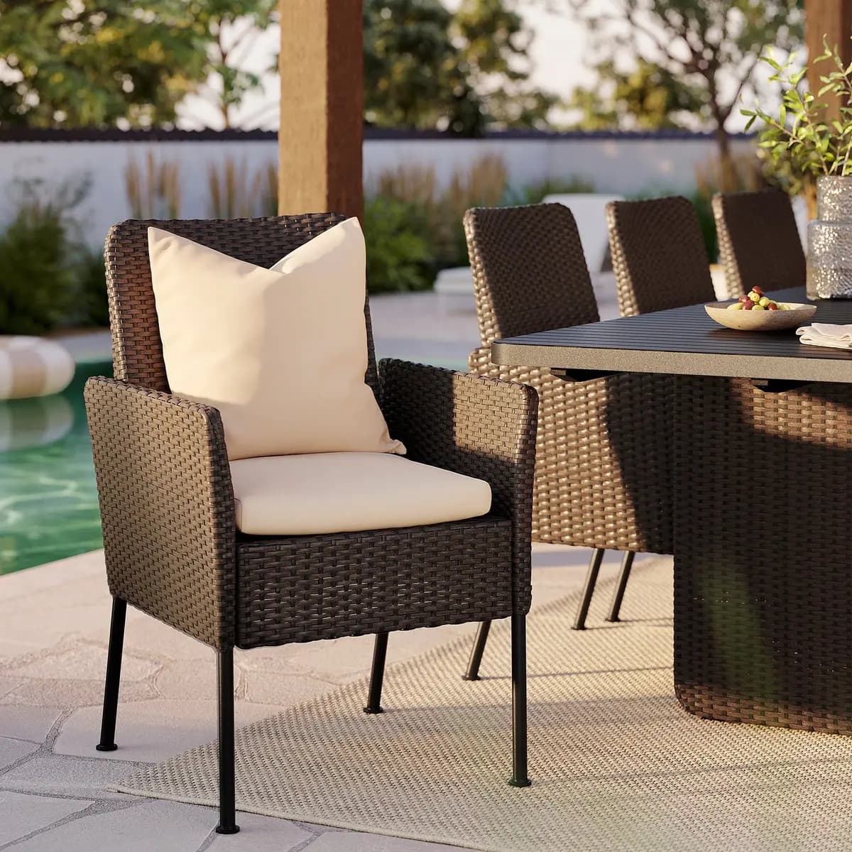 IKEA VITTSKÄR Table and 8 chairs, outdoor plastic rattan dark gray/Frösön/Duvholmen beige 103 7/8x37 3/4 " [Table length 103 7/8 ", Table width 37 3/4 ", Table height 29 1/8 "]