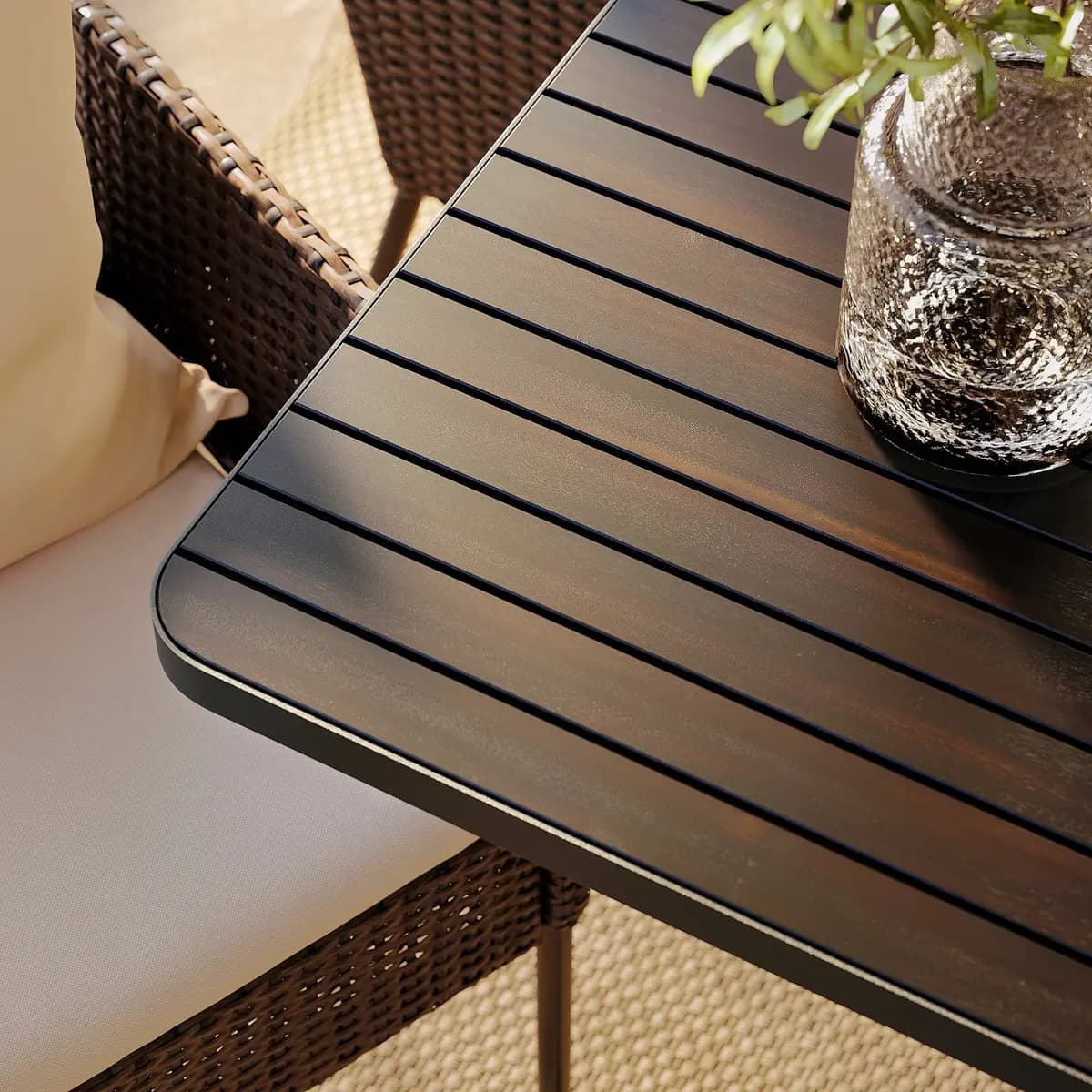 IKEA VITTSKÄR Table and 8 chairs, outdoor plastic rattan dark gray/Frösön/Duvholmen beige 103 7/8x37 3/4 " [Table length 103 7/8 ", Table width 37 3/4 ", Table height 29 1/8 "]