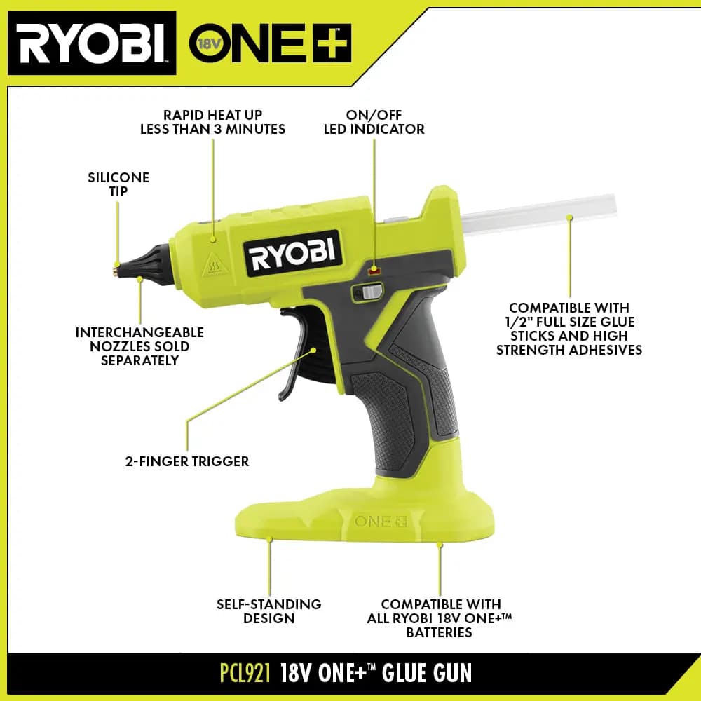 RYOBI 18V ONE+ Glue Gun Kit [Voltage 18V, Fuel Gauge Integrated LEDs, Capacity 2Ah]