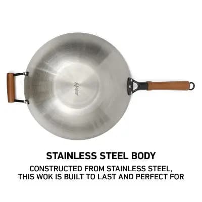 Oster Sangerfield 14-Inch Carbon Steel Wok w/ Wood Handles [14 inches, 160 ounces, Carbon Steel]