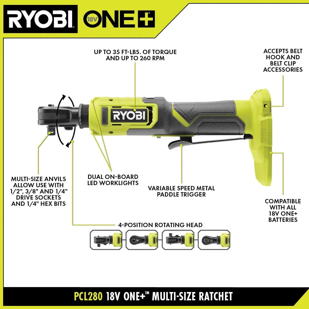 RYOBI 18V ONE+ Multi-Size Ratchet Kit [Capacity 1.5Ah, RPM 0 - 260, Anvils Reversible 1/4" and 3/8" drive]