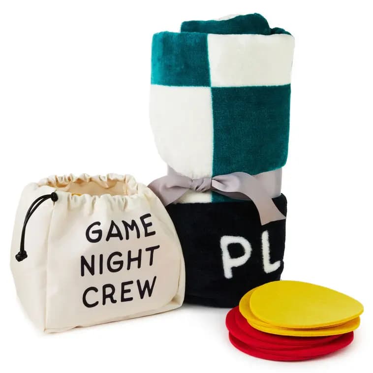 Game Night Checkerboard Blanket With Playing Pieces [Count 1 blanket, 1 bag, 24 playing pieces, Item number 1SNN1247, Message (on blanket) Playing for Keeps; (on game]
