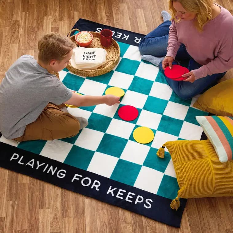 Game Night Checkerboard Blanket With Playing Pieces [Count 1 blanket, 1 bag, 24 playing pieces, Item number 1SNN1247, Message (on blanket) Playing for Keeps; (on game]