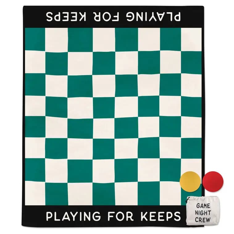 Game Night Checkerboard Blanket With Playing Pieces [Count 1 blanket, 1 bag, 24 playing pieces, Item number 1SNN1247, Message (on blanket) Playing for Keeps; (on game]