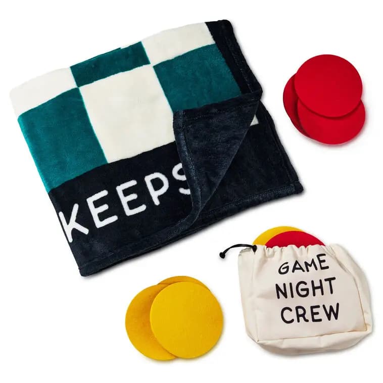 Game Night Checkerboard Blanket With Playing Pieces [Count 1 blanket, 1 bag, 24 playing pieces, Item number 1SNN1247, Message (on blanket) Playing for Keeps; (on game]