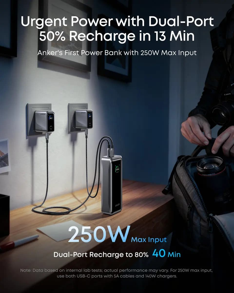 Anker Prime Power Bank (26K, 300W) [26,250mAh, 300W Max, 6.3 × 1.5 × 2.5 in (159.9 × 38 × 62.7 mm)]
