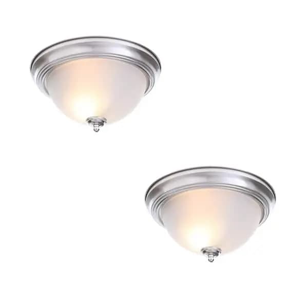 Commercial Electric 13 in. 2-Light Brushed Nickel Flush Mount with Frosted Glass Shade (2-Pack), EFG8012A-BN [Design Style: Round, Dimmable Capability: Dimmable, Features: No Addit