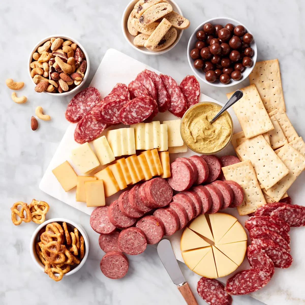 Charcuterie & Snacks Gift Basket [(2) 7 oz Farmhouse Summer Sausage, (2) 5 oz Italian Dry Salami, 4 oz Smoked Gouda Blend]