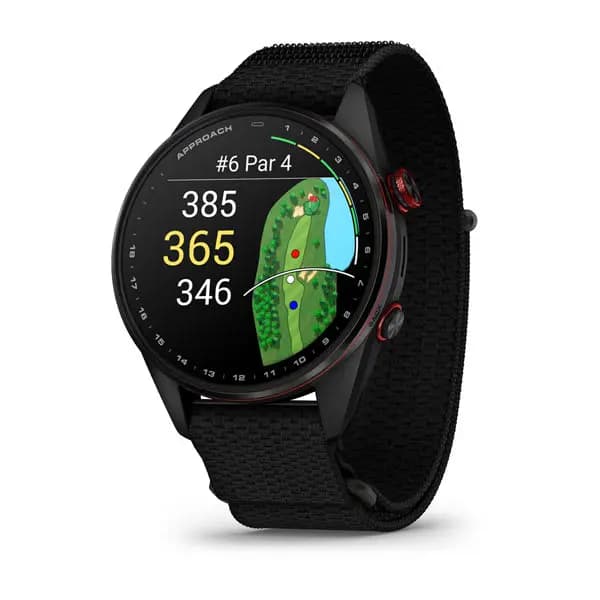 Garmin Approach S72 Carbon Gray/Red DLC Titanium Bezel with Black ComfortFit Fabric Band [AMOLED (optional always-on mode), 5 ATM, 1.4" (35.41 mm) diameter]