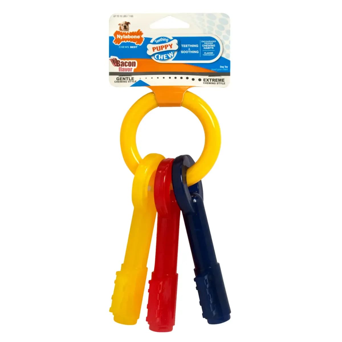 Nylabone® Puppy Teething Keys Chew Dog Toy, Bacon Flavor [Includes 1 Toy, Intended For Dog, Dimensions 4.06 in L x 1.56 in W x 0.25 in H, Color Yellow]