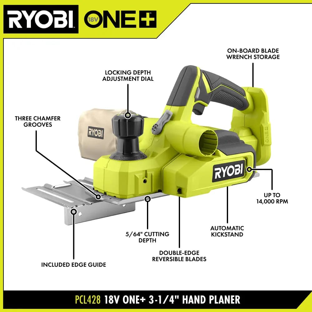 RYOBI 18V ONE+ 3-1/4" Hand Planer Kit [RPM Up to 14,000, Depth of Cut 5/64", Blade Width 3-1/4"]