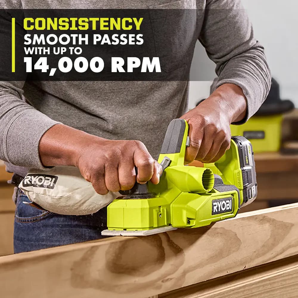 RYOBI 18V ONE+ 3-1/4" Hand Planer Kit [RPM Up to 14,000, Depth of Cut 5/64", Blade Width 3-1/4"]