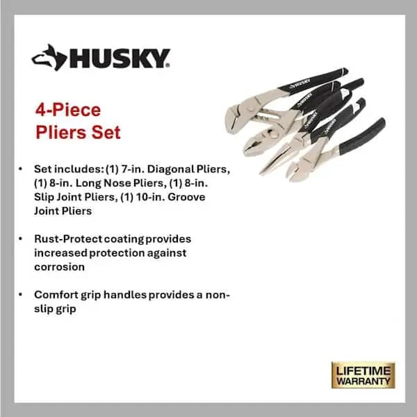 Husky 4-Piece Pliers Set, 90929 [Hand Tool Type: Plier Set, Individual/Set: Set, Number of Pieces: 4]