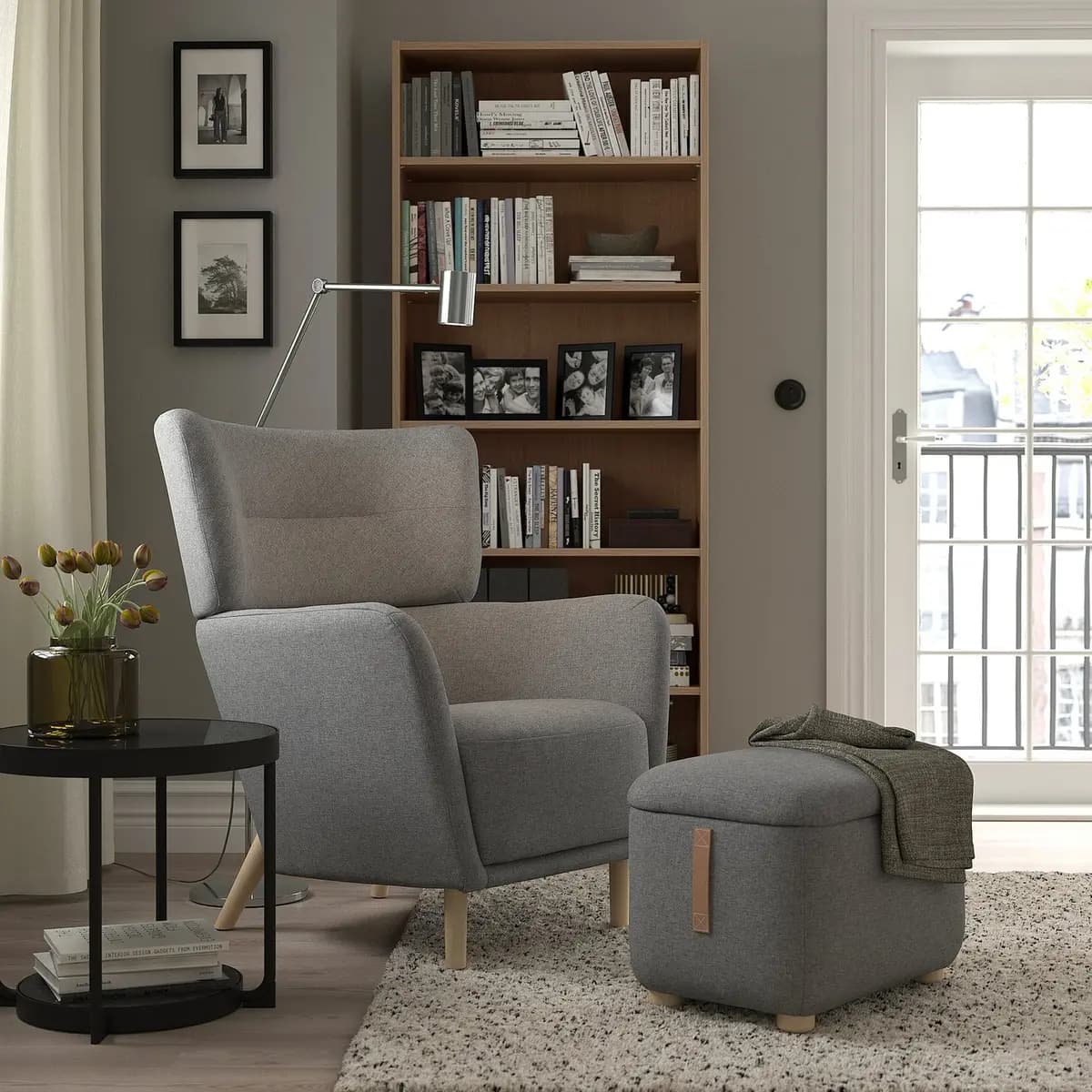 IKEA OSKARSHAMN Wing chair with ottoman, Tibbleby beige/gray [100% polyester (min. 90% recycled)]